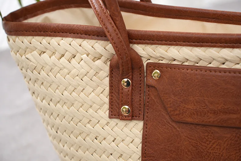 Niyang new design summer beige color handmade weaved large tote leather shoulder strap women handbag paper straw basket