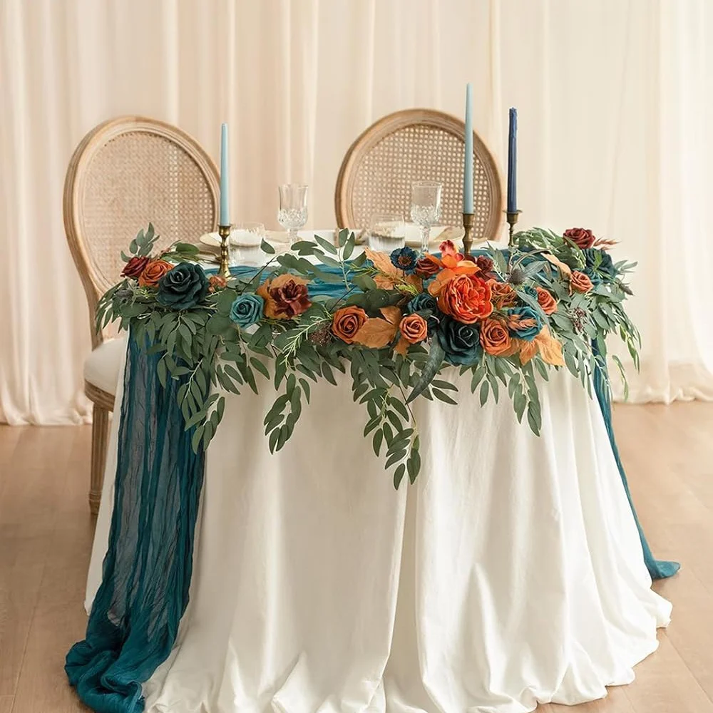 whole sale 9ft dark teal & burnt orange flower table wall decorations silk eucalyptus garland leaves for wedding decoration