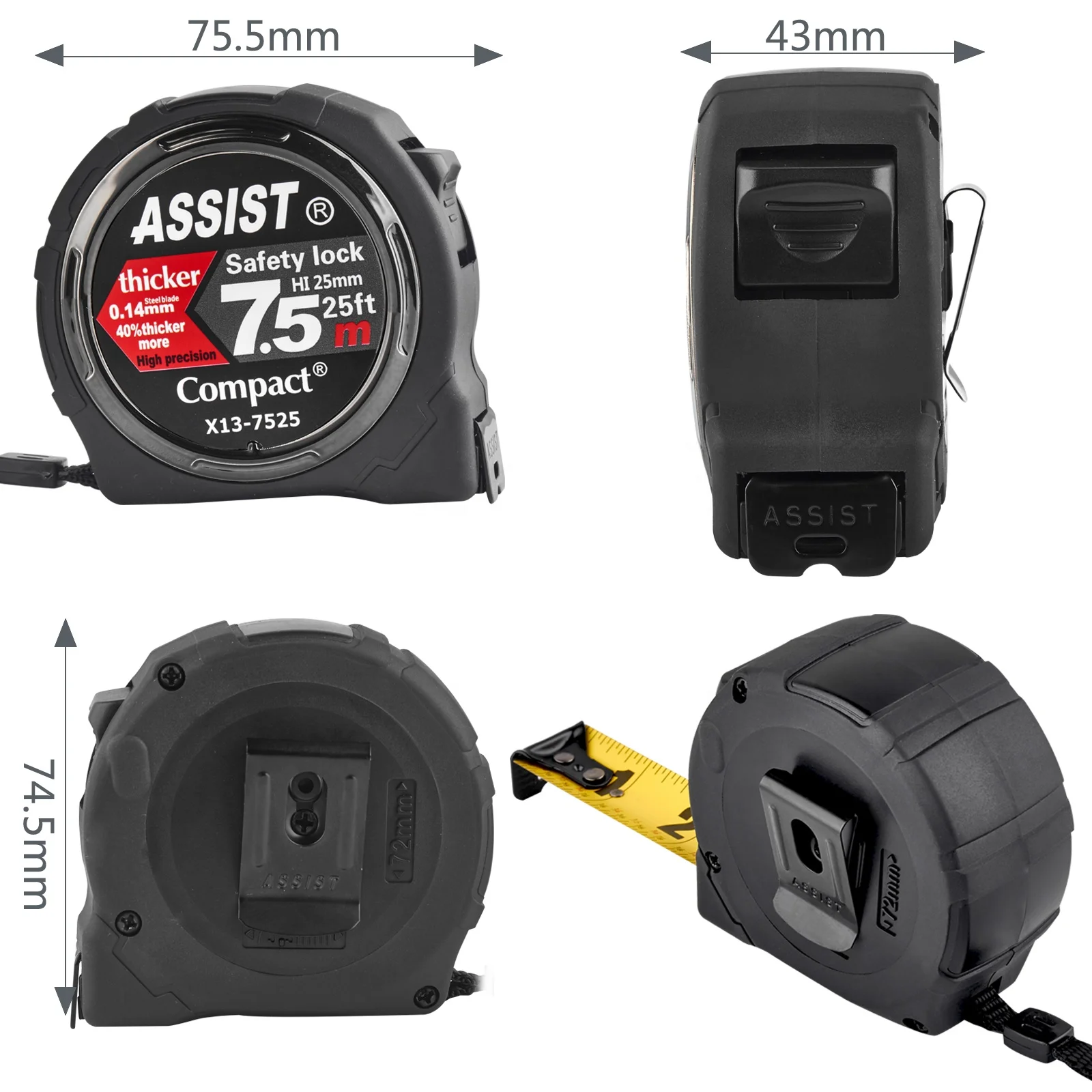 ASSIST Co-Molded Compact Case 120cm Solid Film Safety Self-Lock Original Blade Thickness 0.14MM Metric Measuring Tape ABS