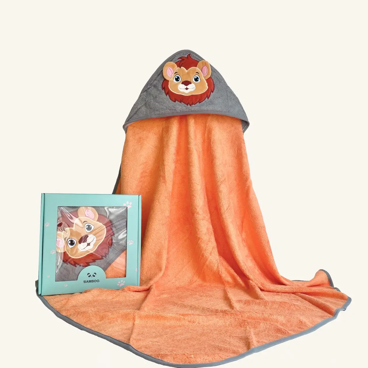 Factory Wholesale 500 GSM Skin Friendly Bamboo Bath Towel Lion Design Bamboo Hooded Towel For Baby