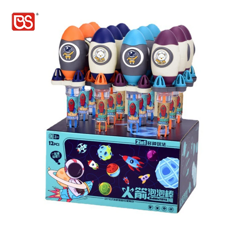 BS Toy 12Pcs 32CM 2 IN 1 Outdoor Space Rocket Shapes Giant Bubble Wand Kids Emo ji Bubble Blower Stick With 140ML Bottle