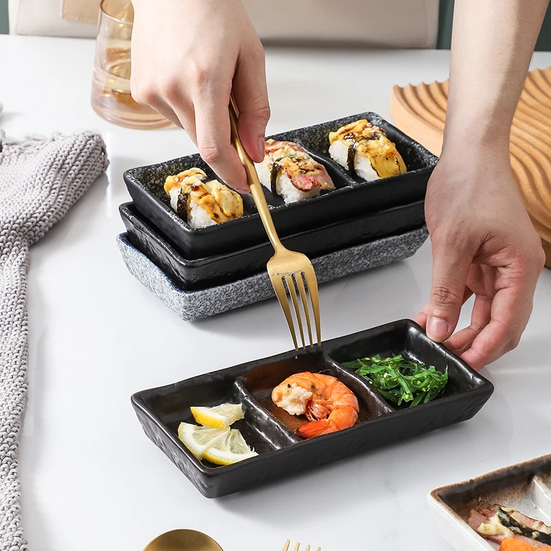 Japanese Style Glazed 3 Compartment Ceramic Sauce Dish Rectangular Sushi Mustard Dipping Soy Saucer