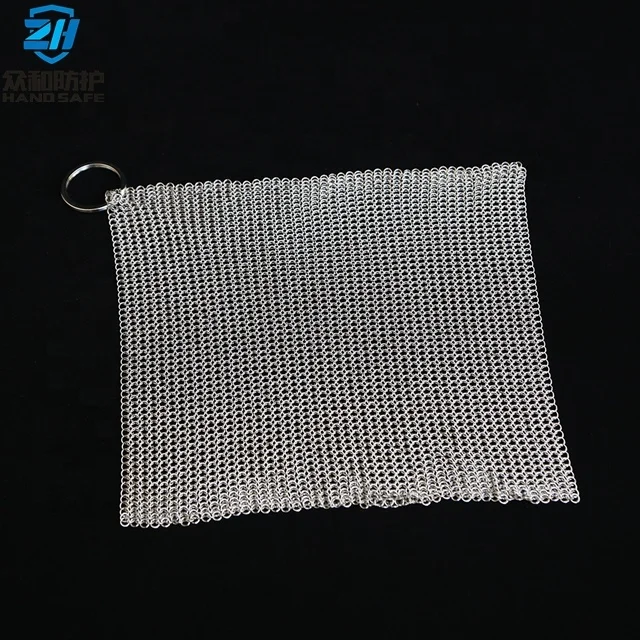 Welded stainless ring mesh chainmail scrubber