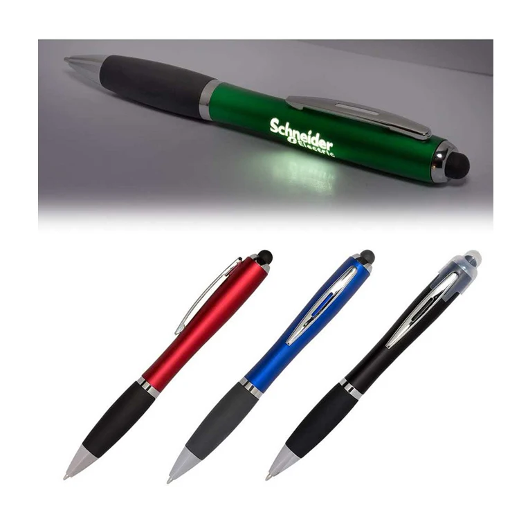 cheap custom plastic screen stylus light ballpoint ball pen with led laser logo printing