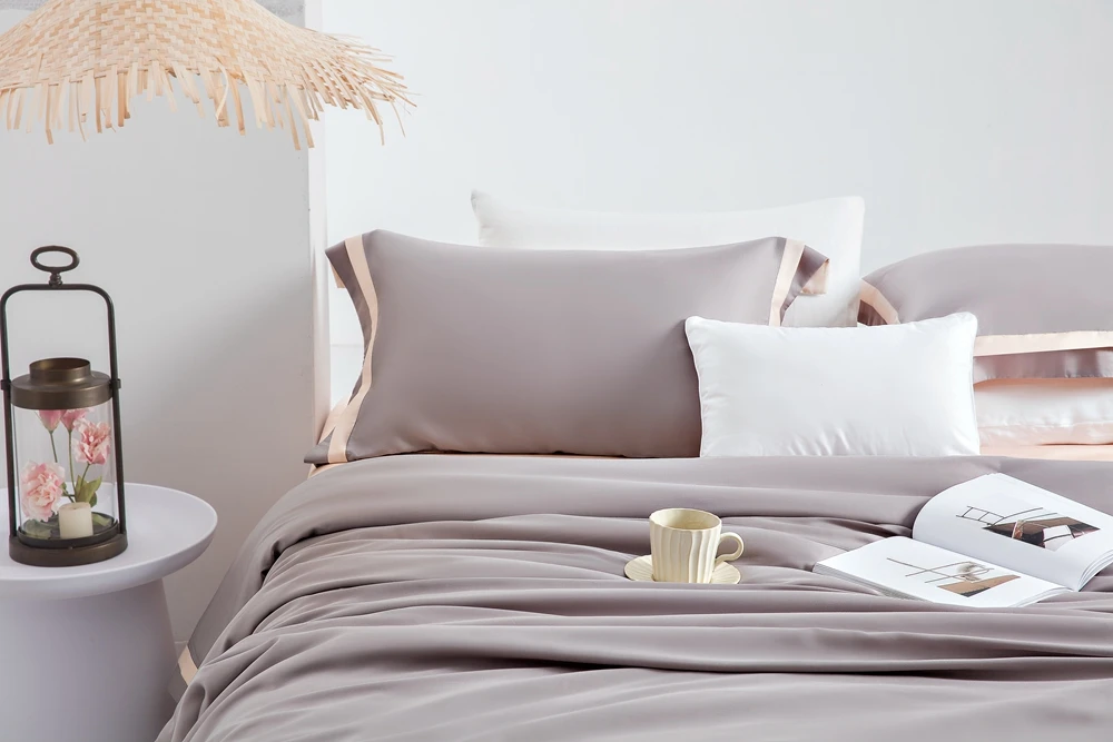 Hot Selling Luxury Organic 100% Bedsheet Tencel Lyocell Fiber Bedsheet Grey Pink Duvet Cover Bedding Set