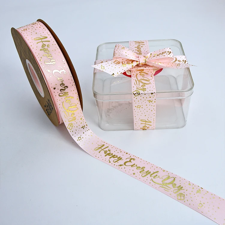 High Quality Pink Satin Ribbon Gold Silver Foiled Hot Stamped Logo Woven Polyester Fabric Gift Bag Packaging Printed Product