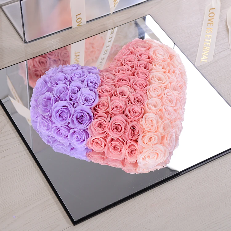 Индивидуальный зеркальный дизайн настоящая Роза всегда сохраненные розы акриловая коробка в форме сердца