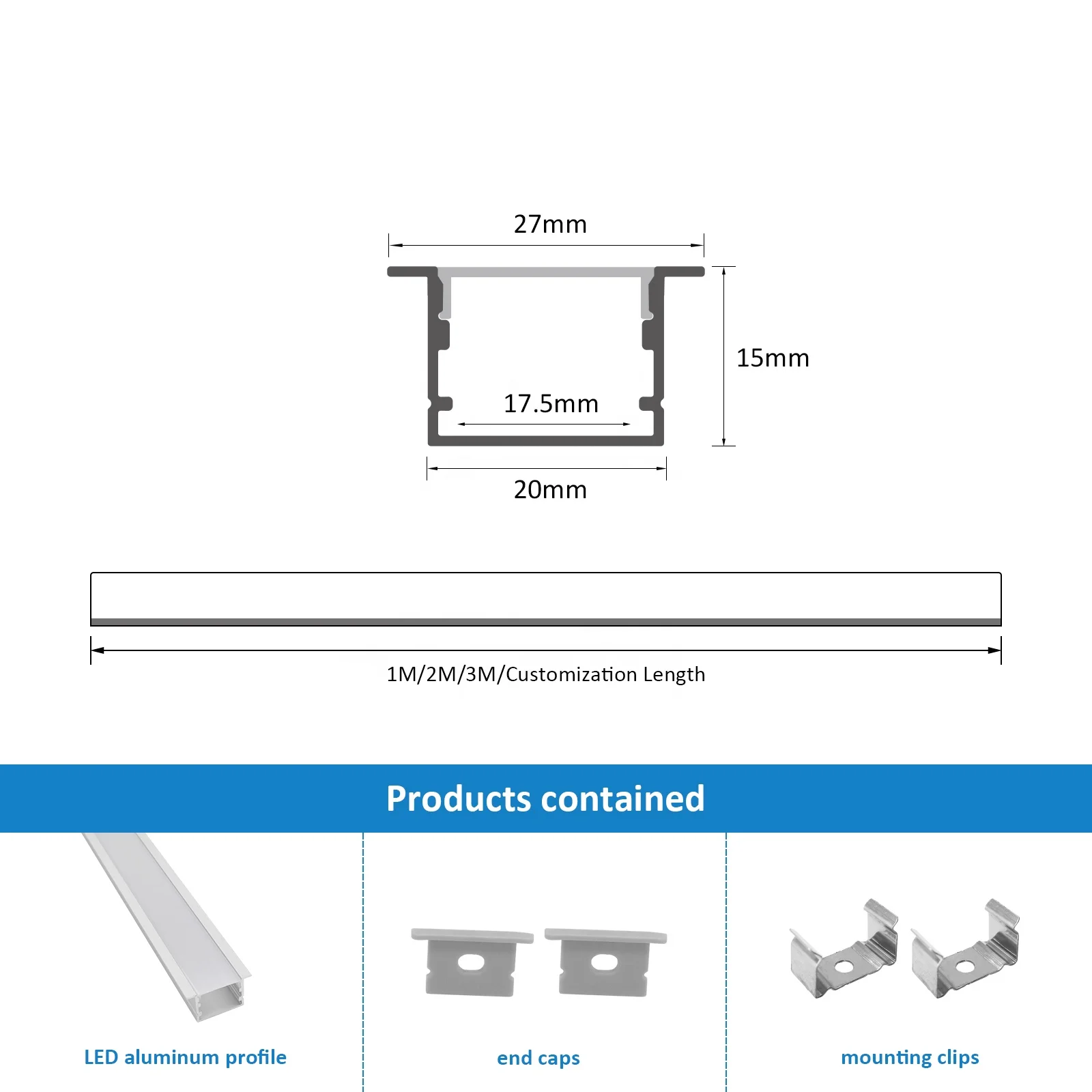 Free Sample 2015A Led Aluminum Strip Light 27*15MM Recessed Channel Recessed Aluminium Profile For Led
