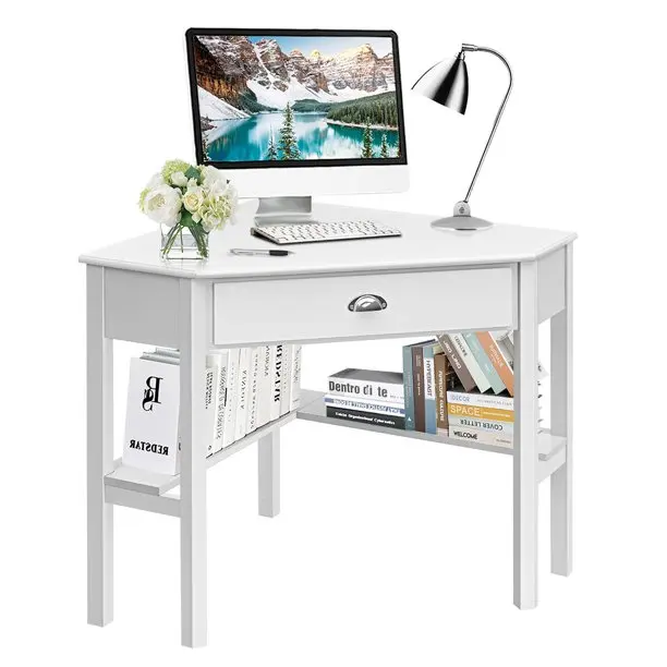 White Color Modern Wooden Cheap Computer Desk with Drawer and Shelf Corner Table for Living Room