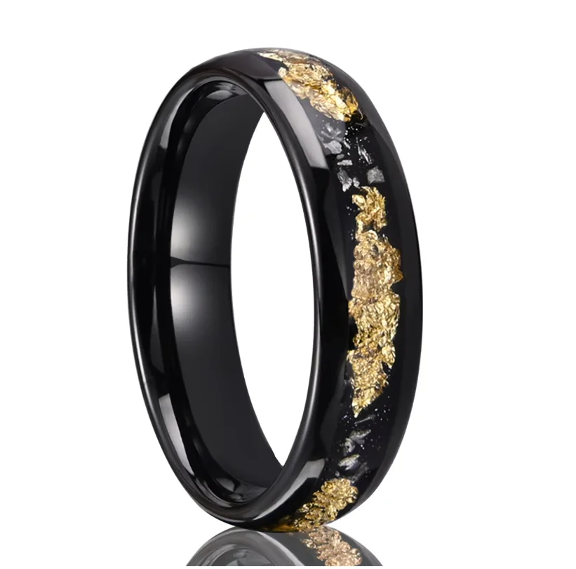 6mm 8mm Black Tungsten Domed Ring for Men Women Orion Nebula Galaxy Gold Foils Inlay Engagement Wedding Couple Promise Ring