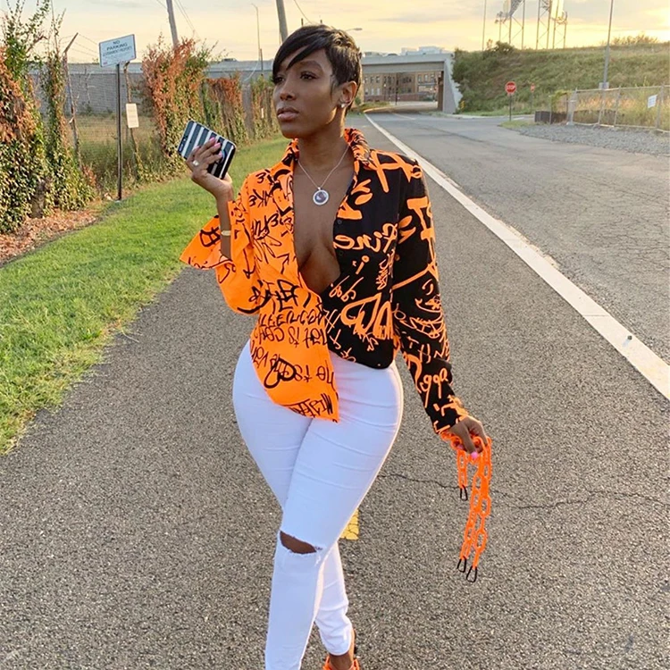 Trendy Streetwear Fall Autumn Turndown Collar Contrast Color Graffiti Print Long Sleeve Woman Top Blouses Shirt Blouse For Women