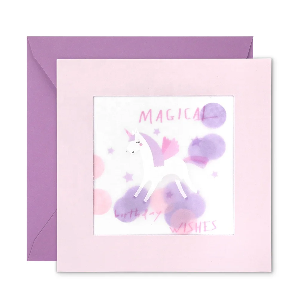 Manufacturer Custom Printing Square Purple Funny Unicorn Girls Blank Handmade Kids Happy Birthday Greeting Cards with Envelope