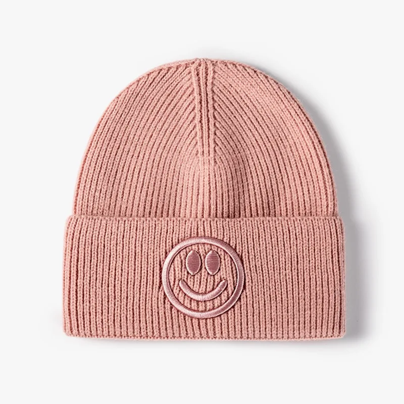 Wholesale Amazon Hot Sale High Quality Popular Unisex Colorful Warm Thick Smile Winter Hats Custom Logo Happy Face Beanie