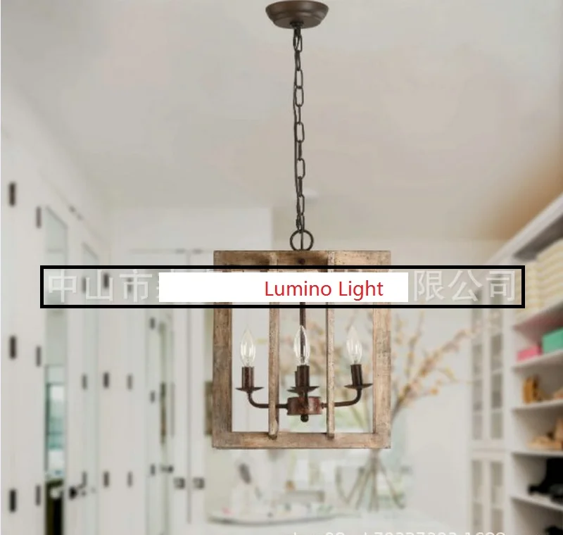 American Rustic Retro Chandelier Square wrought iron and wood art Pendant Light for Dinning Room