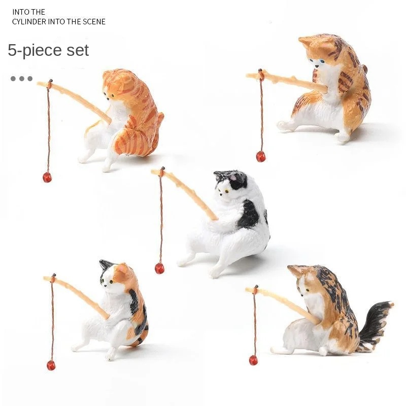 Fish Tank Landscaping Cartoon Fishing Cat Ornament Figurine Home Decoration