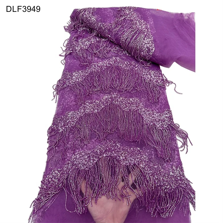 Wholesale High Quality Elegant Beaded Tube Lace Fabric for Wedding Party Dress Heavy Shiny Tassel Tube Bead Sequins Lace Fabric