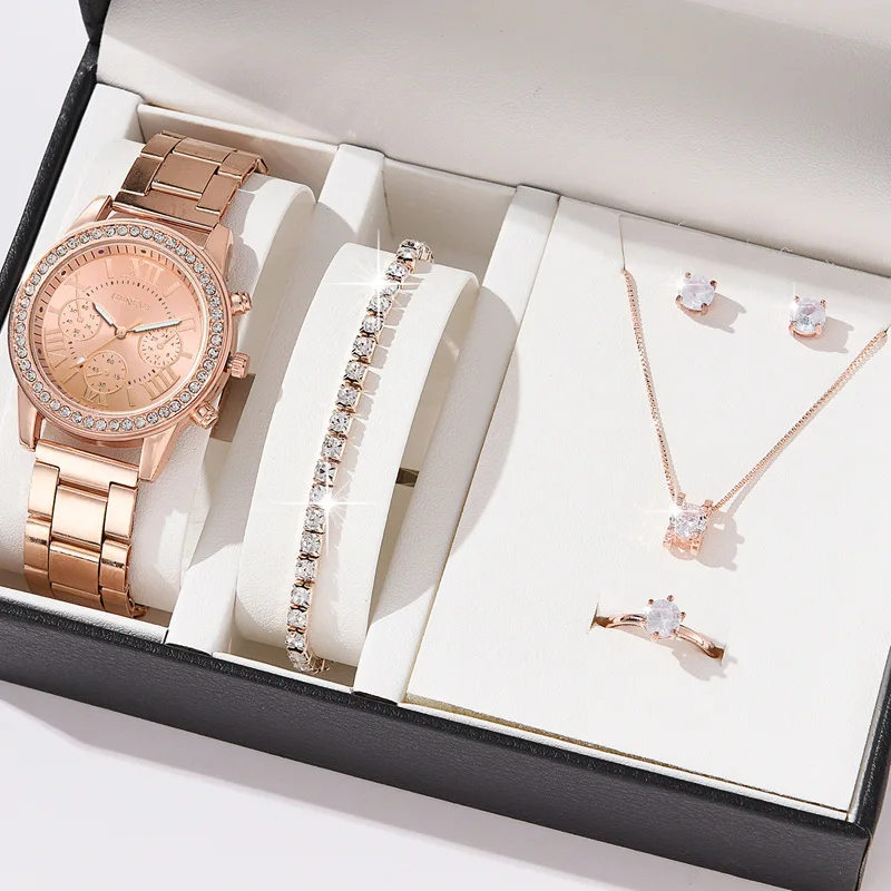 5PCS Set Luxury Watch Women Ring Necklace Earring Rhinestone Wristwatch Casual Ladies Watches Bracelet Set Without Box