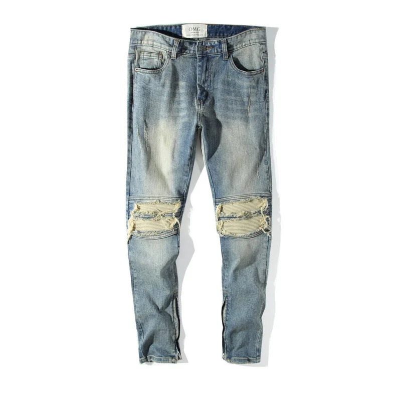 Tapered Pants with Ripped Patch Zip Slim Washed Ripped Jeans for Men