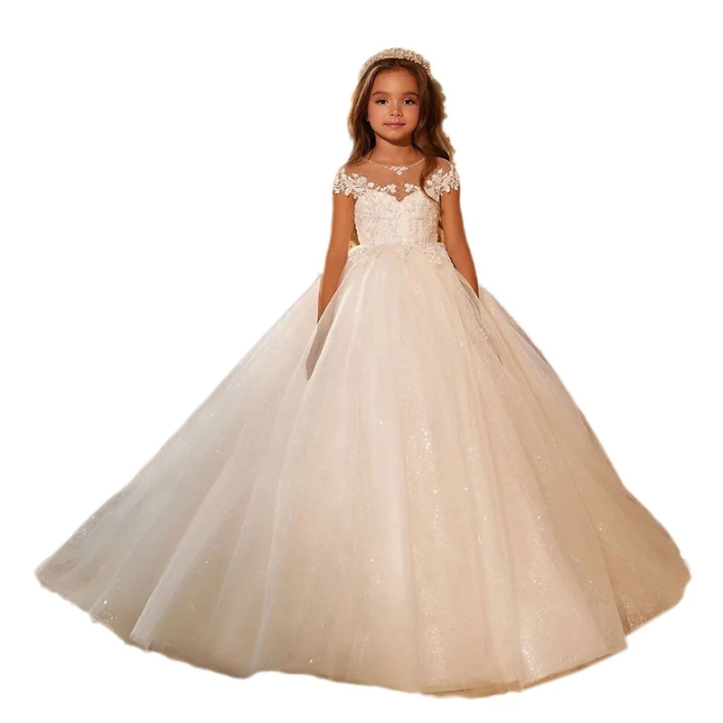 Top Quality Flower Girls Wedding Dresses Princess Lace Applique Floor Length Prom Gown Kids Formal Evening Dresses