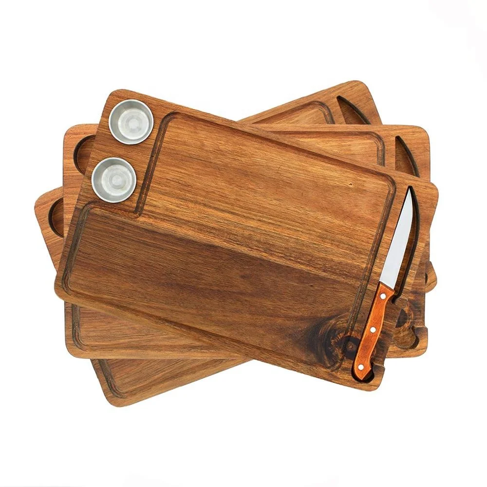 Refined-bam Acacia Wood Steak cutting Board with sauce cups and knife