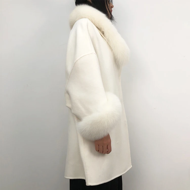 Women new fashion fox fur collar cloak short 100% genuine wool trench coat