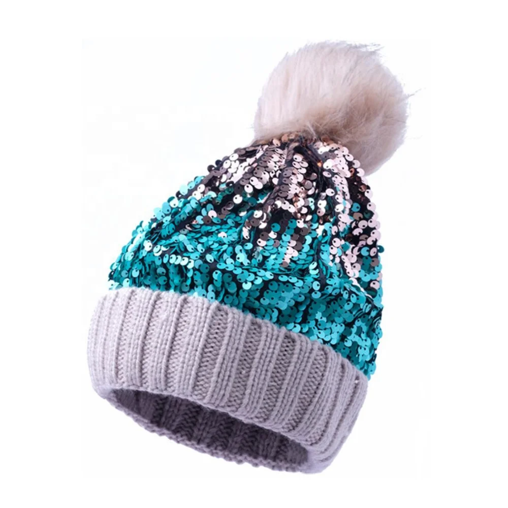 Custom Womens Beanie Hat Spangle Bling Knit Winter Beanie Women Pom Pom Bobble Hat Winter Hats For Women Beanie