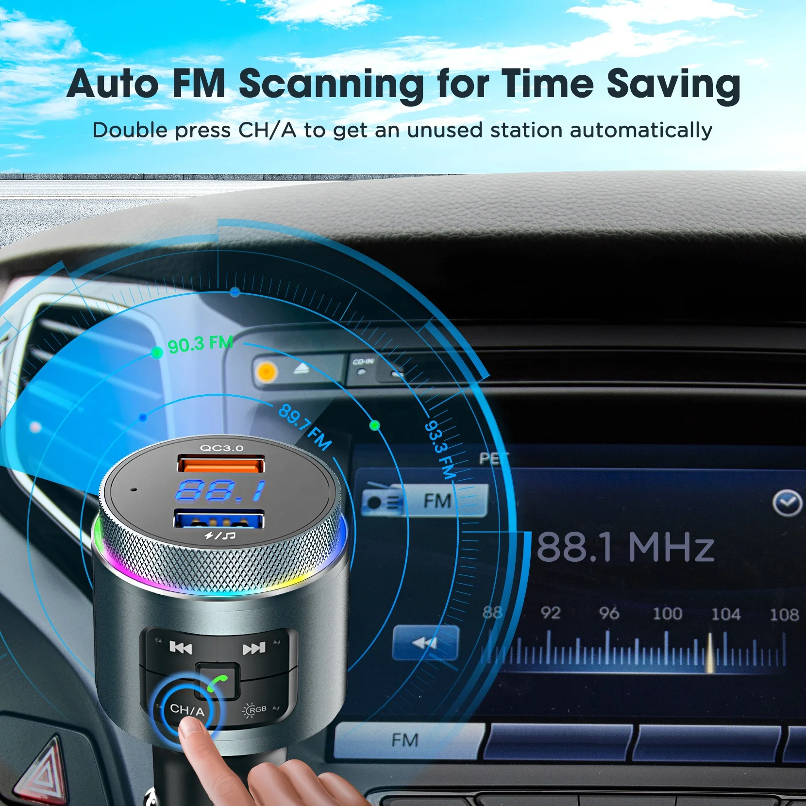 AGETUNR T442 Car Mp3 Player Auto SCAN FM Transmitter 18W QC3.0 fast charge Handsfree 9 Light modes Activate Phone Voice Control