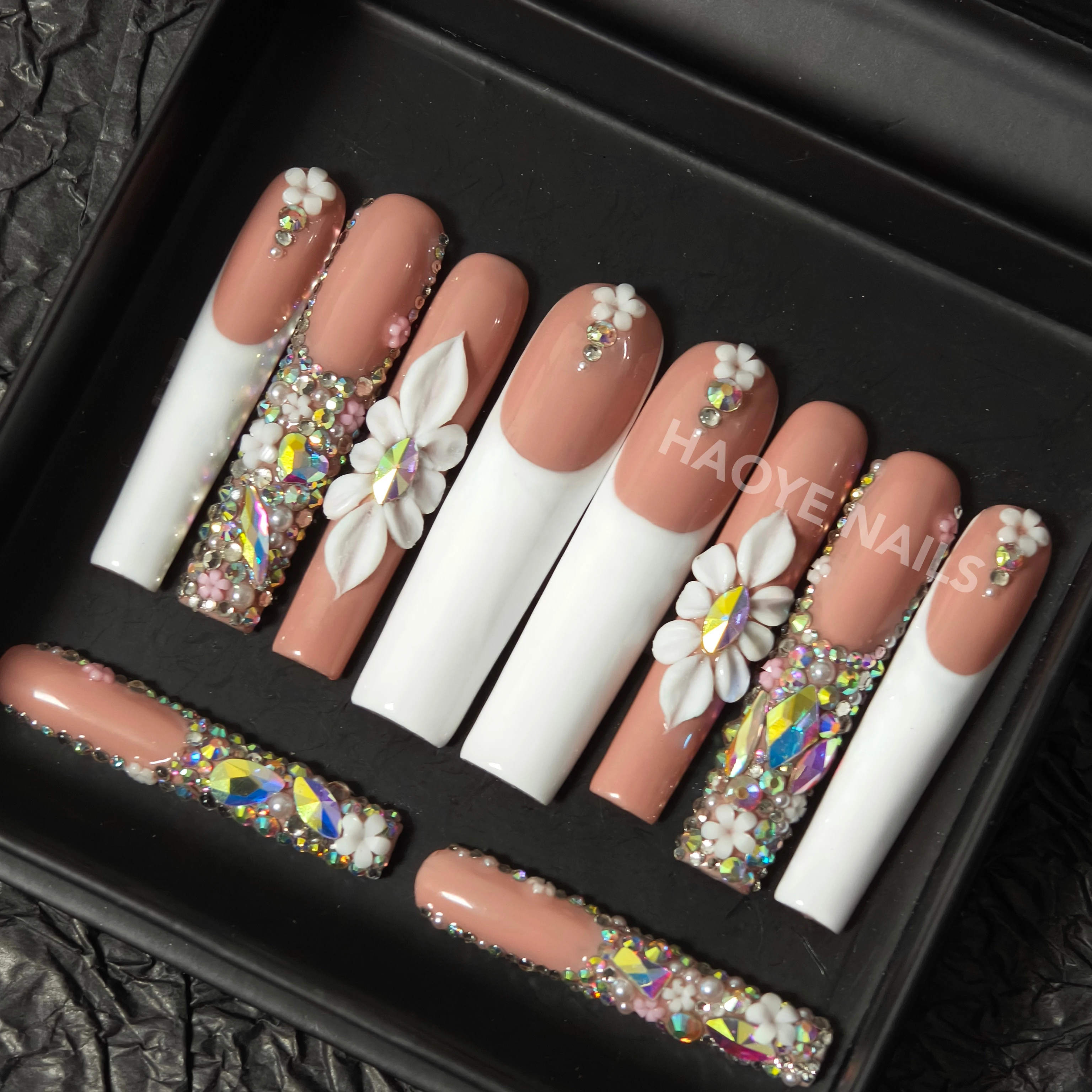 Free logo Long Ballerina Coffin Luxury  Diamond Press On Nails Custom Design Rhinestone Acrylic False Artificial Fingernails