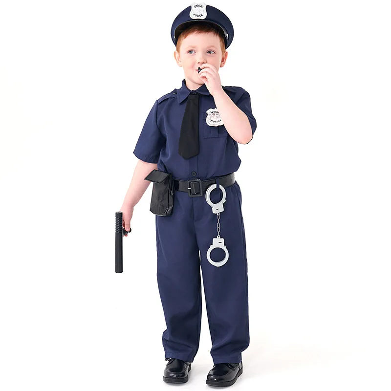 Hight Quality Police Officer Cosplay Cute Police Uniform Blue Suit With Hat Costume Halloween  Boy