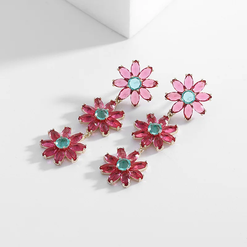 Wholesale Women Elegant Light Luxury Diamond Zircon Rose Red Flower Long Drop Earrings