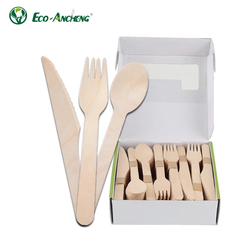 Eco Ancheng натуральные пищевые дешевые деревянные одноразовые столовые приборы ложка вилка и нож оптом