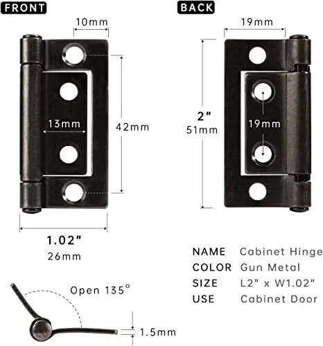 Kitchen Cabinet Inset Door Flush Small Black Iron Hinge 2 Inch 135 Degree Open Furniture Door Steel Metal No Mortise Butt Hinges