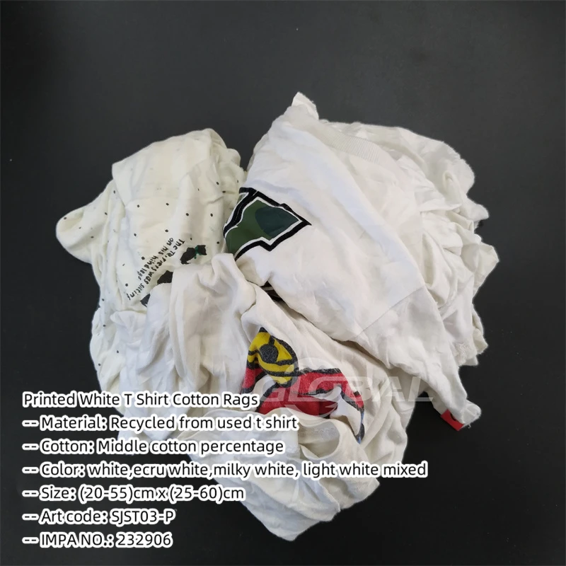 0-400kg Package White Printed T Shirt Cutting Recycled Shop Cleaning Cloth Used T Shirt Rags Cotton Waste Cleaning Rags