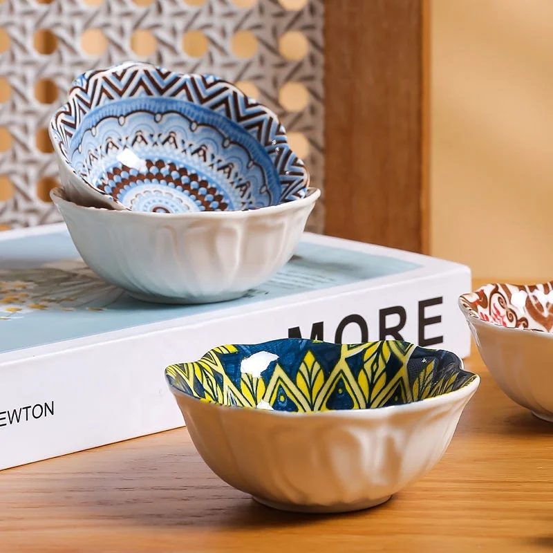 Hot Selling Bohemia Pattern Ceramic Soy Sauce Vinegar Seasoning Dish underglaze color small dishes snack dishes for household