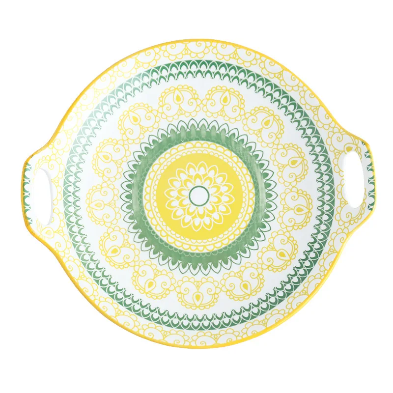 Hand-painted Underglaze Double-eared Egg-shaped Disc Dish Baking Dish Custom Printed Salad Ceramic Porcelain Breakfast Plate