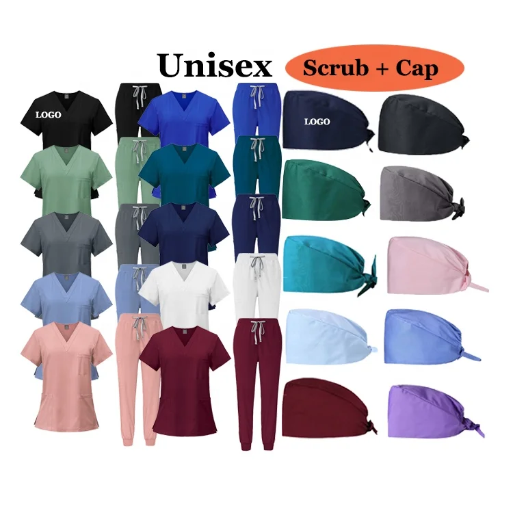 Women Men Unisex Scrubs Hospital Uniforms Medic Scrubs with Cap Nurse Short Sleeve Top Joggers Pants Suit Sets Nurse Fashionable