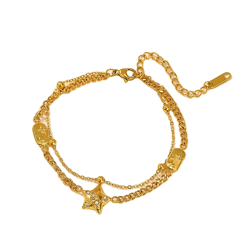 Newest Stainless Steel Pentagram Shape CZ Link Chain Bracelet Real Gold Plated Double Layer Ball Rectangle Charm Bracelet