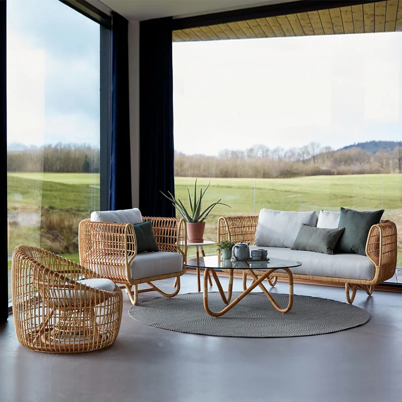 Hand-Woven Rattan Sofa Outdoor Chair Garden Luxury Style Villa Hotel Courtyard Balcony Small Table Outdoor Coffee Table Set