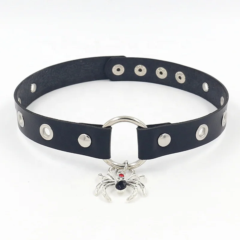 Halloween Jewelry Belt Choker Collar with Diamond Spider Pendant Neckchain Leather Neck Accessories