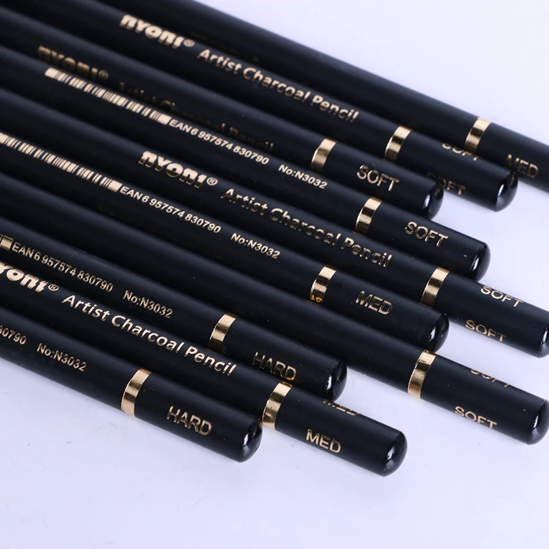 NYONI  Wood Drawing Charcoal Sketch Pencils Set for Sketch Hard Medium Soft Mixture Natural 10pcs Office & School Pencil