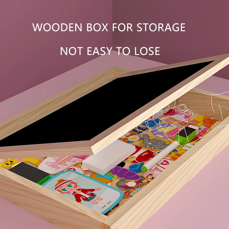 Multi-functional educational Child Wooden Magnetism Cartoon Princess Dress-up Animal Puzzle Double-sided Drawing Board Gift Box