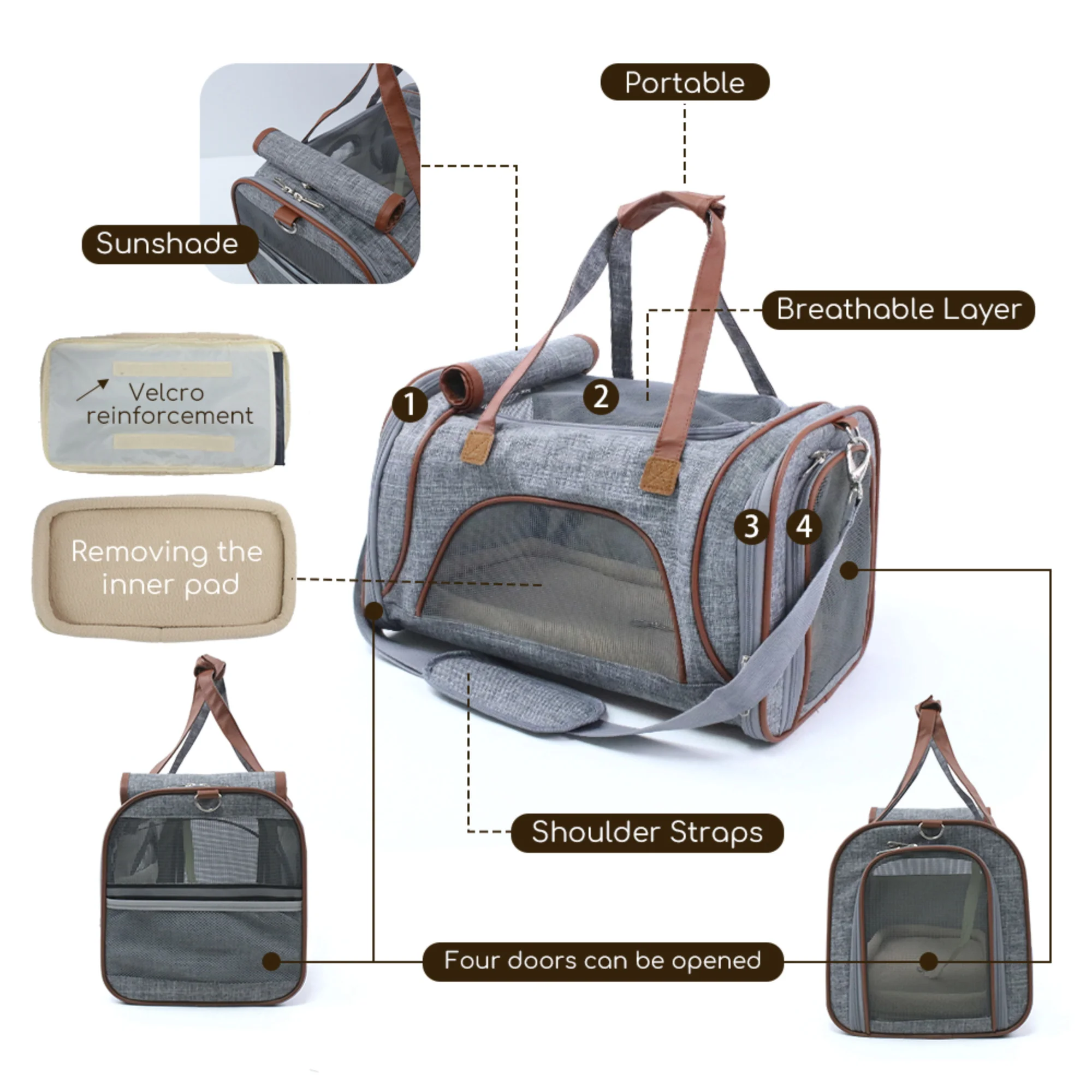 Lightweight Collapsible Durable Portable Breathable Soft-Sided dog Cat Carrier Pet Travel Bag with Fleece Pad