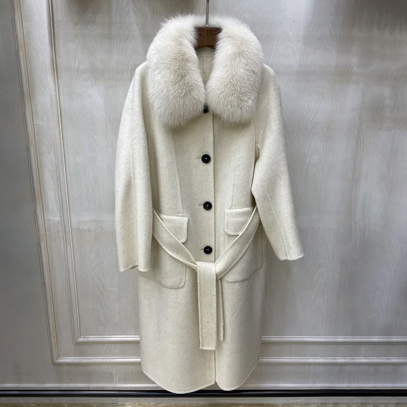 High Quality Fur Collar Wool Coat Winter Fashion Women Cashmere Coat With Real Fur