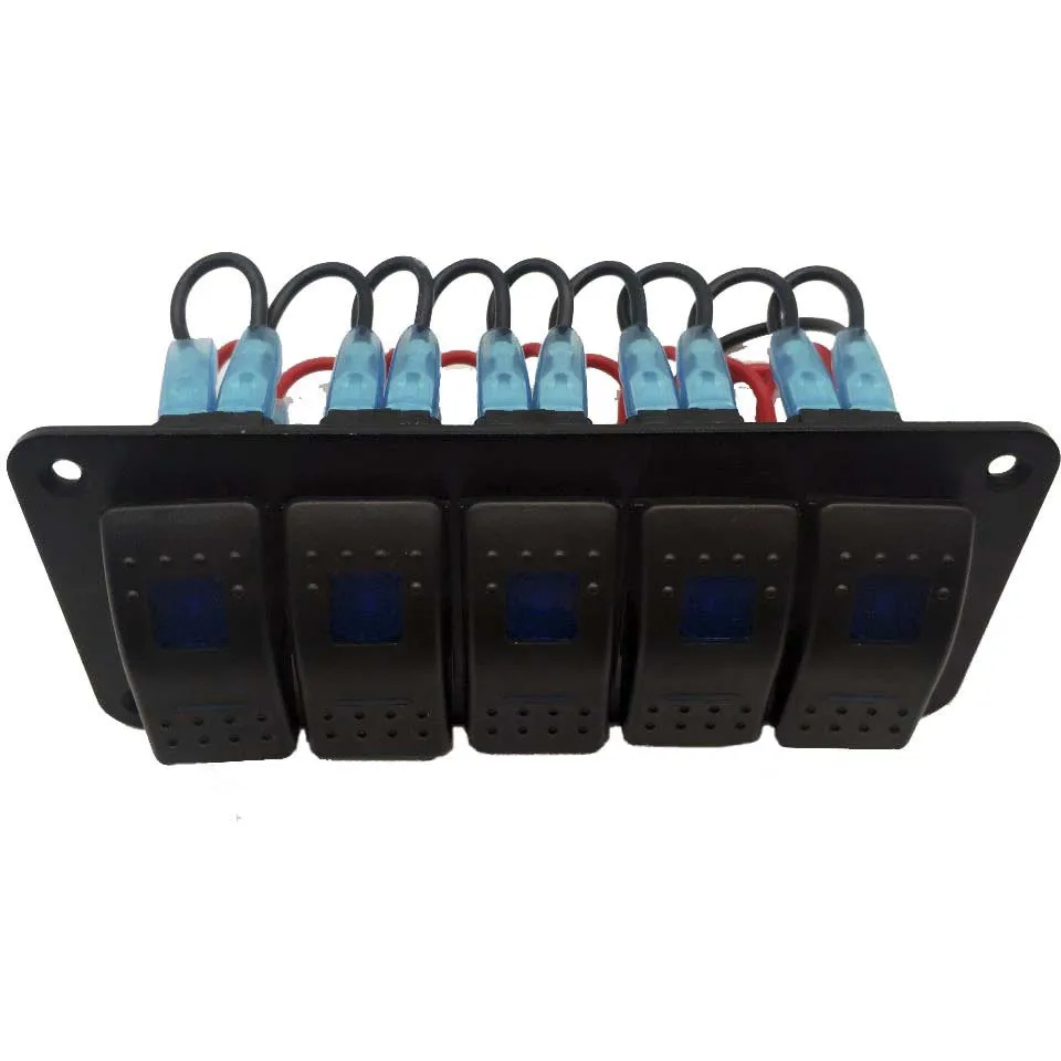 5 Gang Rocker Switch Panel Blue Backlit 12V 24V Pre-Wired Rocker Switch for Automotive Car Marine Boat RV