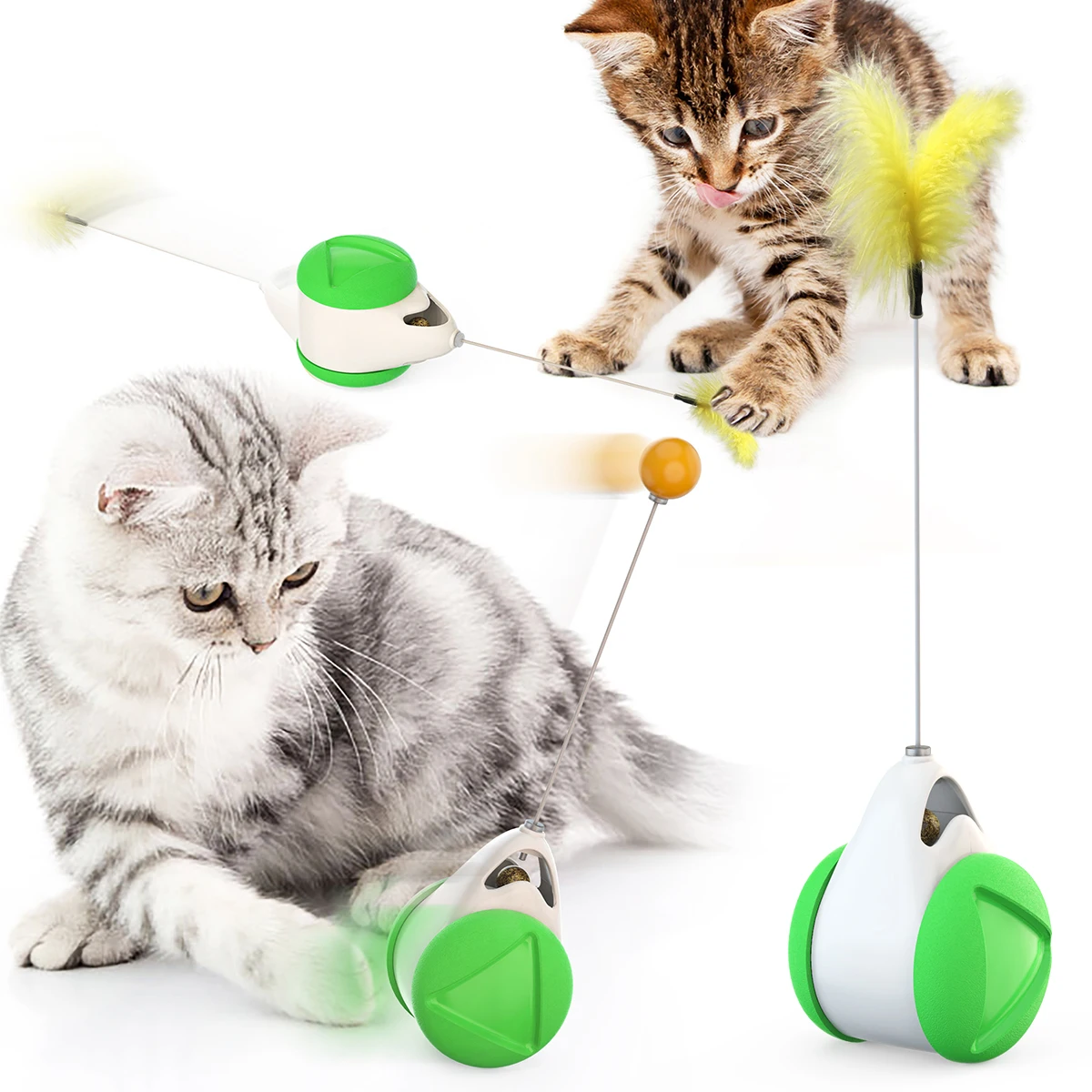 Training Catnip Ball Wheel Rotate Pet Tumbler Stick Feather Interactive Cat Toy with Owner
