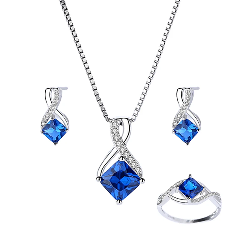 Fahion Sapphire Jewelry Set 925 Sterling Silver Infinity Square Pendant Necklace Ring Earrings for Women