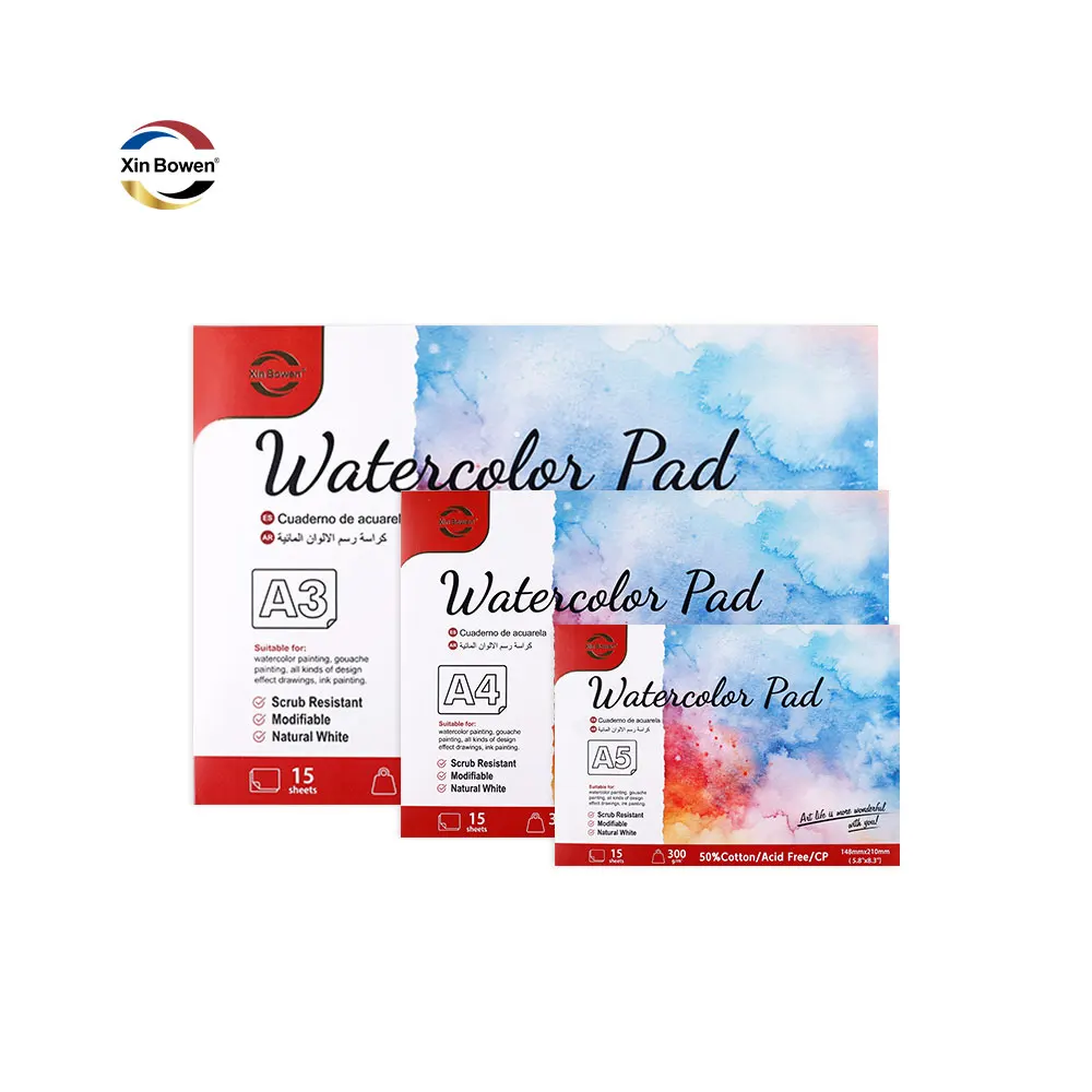 Xin Bowen New Cover Design 300gsm Watercolor Sketch Pad 15 Sheets Watercolor Drawing Paper Set for A3/A4/A5 Sizes for Painting