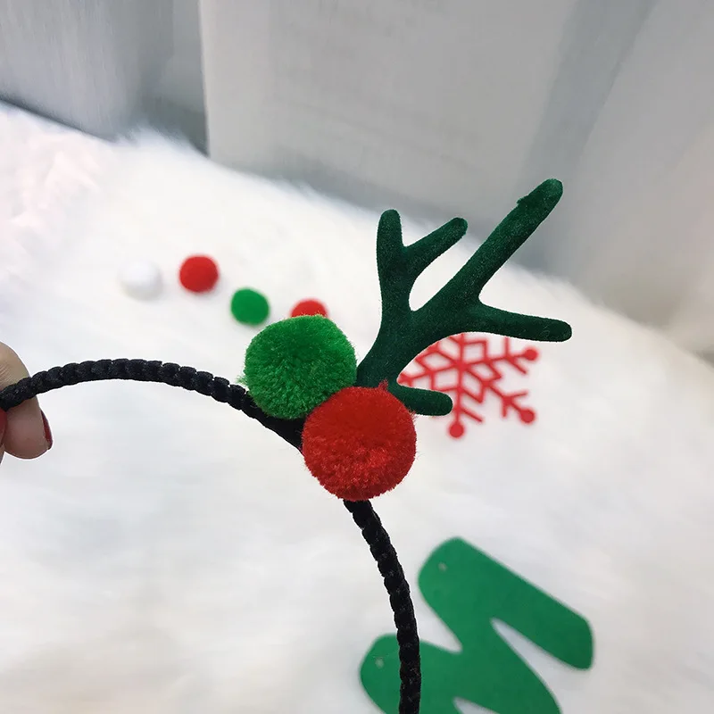 Christmas Super Cute Girl Three-color Small Antler Hair Clips And Headband With Red Green Hairballs