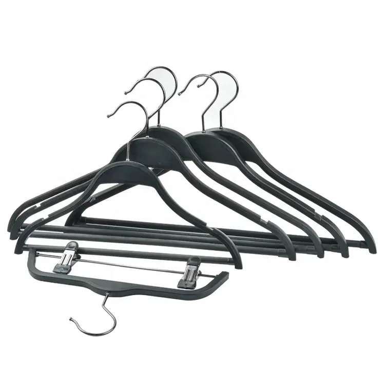 Brand Customized High-Quality Lightweight Plastic Hanger For Suit Imitated Black Plastic Trousers Hanger Bottom Hanger With Clip