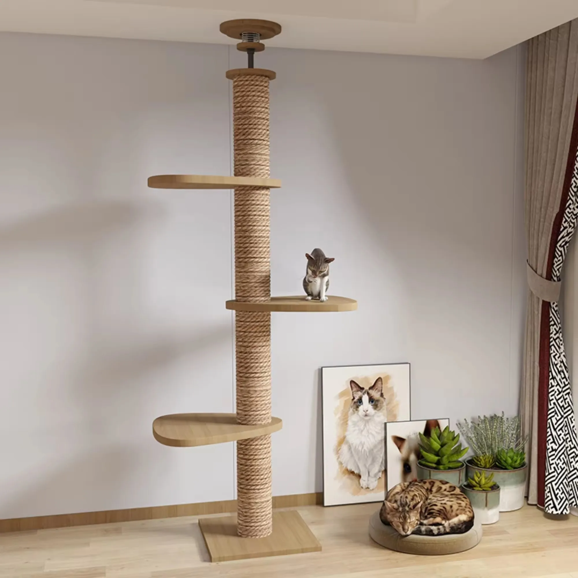 Custom Large Cats Scratch Post Floor to Climbing Ceiling Frame Wood sisal Tree Space Capsule Jumping Platform Cat Ceiling  tower